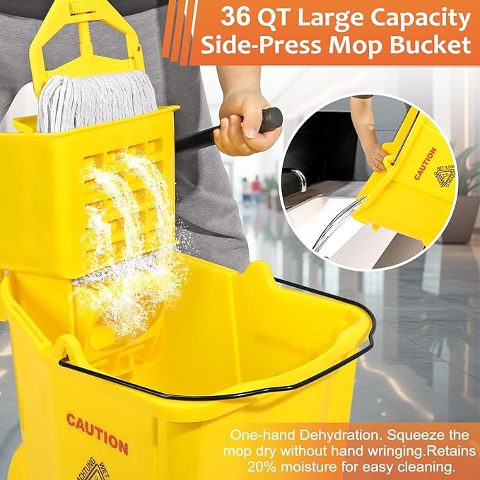 38 Qt Commercial Bucket with Side Press Wringer on Wheels, Yellow Industrial Set for Floor Cleaning, Including 1 Industrial Mop and Wet Floor Caution Sign, Beyoco