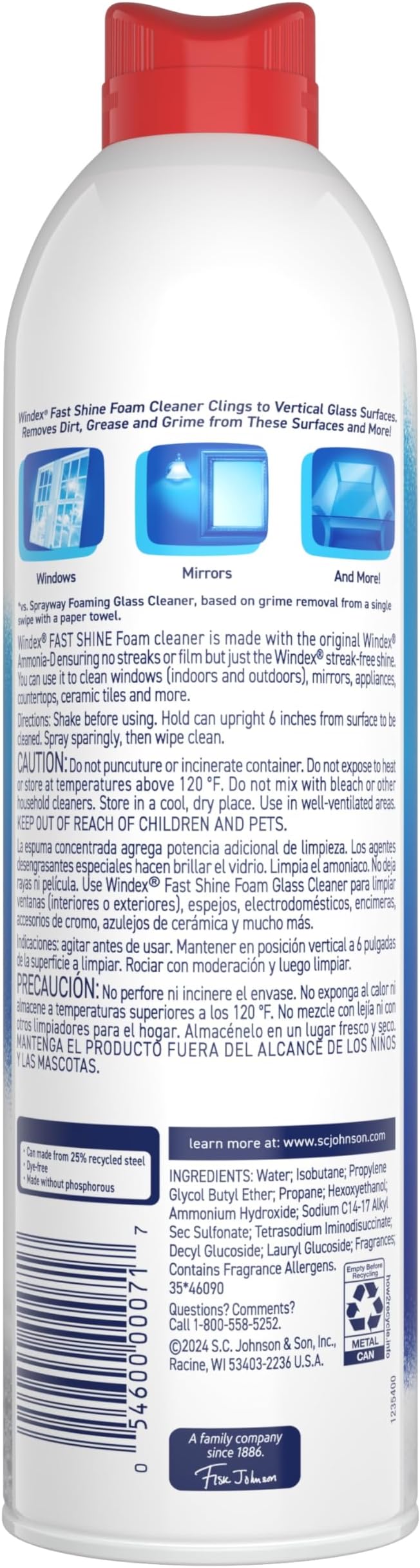 Windex Fast Shine Foam Glass Cleaner, No-Drip Aerosol Cleaning Spray, 19 oz, Pack of 2