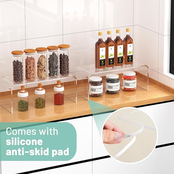 Clear Cabinet Shelf Organizers, 2 Pack Shelf Risers Kitchen Cabinets, Spice Rack for Dishes, Soda Cans and Cup（11.8 x 4.72 x 4.72 Inch）