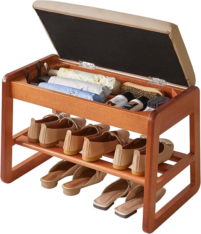 Wood Shoe Bench with Flip-Top Storage,2-Tier Entryway Shoe Bench,23.62in Shoe Rack with Cushion for Living Room,Cherry Wood Color YD-WD060C