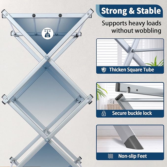 Whitmor Foldable Clothes Drying Rack: 3 Tier Laundry Drying Rack, Collapsible Drying Rack Clothing, Portable Space Saving Clothing Rack for Indoor Outdoor, 22.6" L × 14.6" W × 41.3" H, Gray