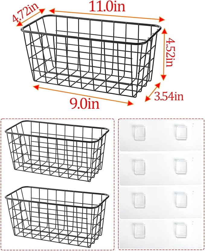 2 Set Adhesive Hanging Wall Basket Inside Cabinet Door Organizer,Wall StorageBasket-No Drilling Adhesive wall Basket for Cupboard Door, Space-Saving Small Hanging Baskets for Wall Mount Storage,Black