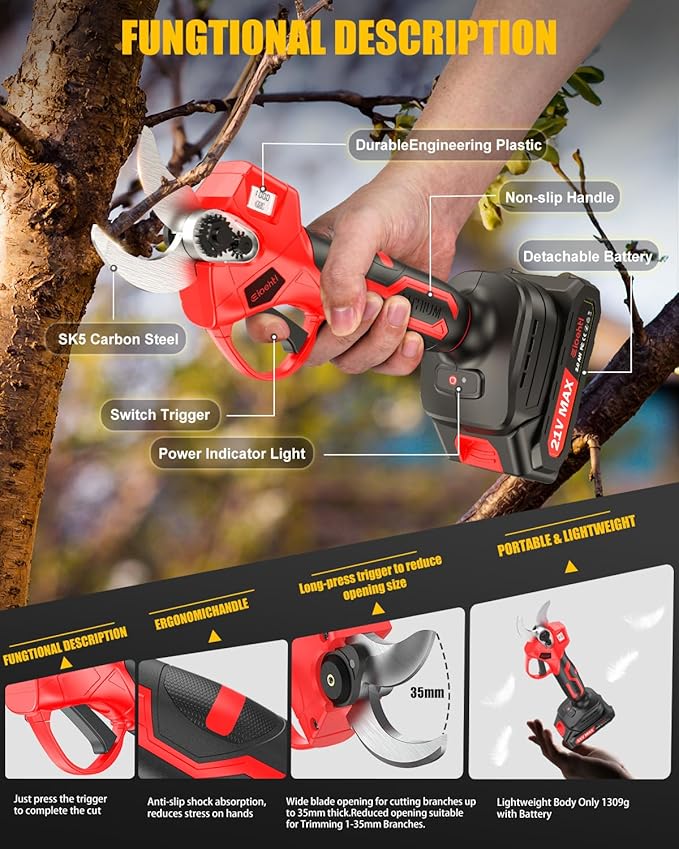 Electric Pruning Shears Cordless, 1.4" Cutting Diameter, LCD Display with Cutting Count & Battery Level, Powerful Brushless Motor, 2×2000mAh Batteries, Battery Pruner for Garden, Orchard & Fruit Trees
