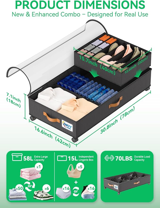 2Pack Under Bed Storage with Wheels+1Pack Underwear Storage, Scalable Under Bed Shoe Storage Containers, Clothes Organizer & Bedroom Furniture Organizers (Underwear Style)