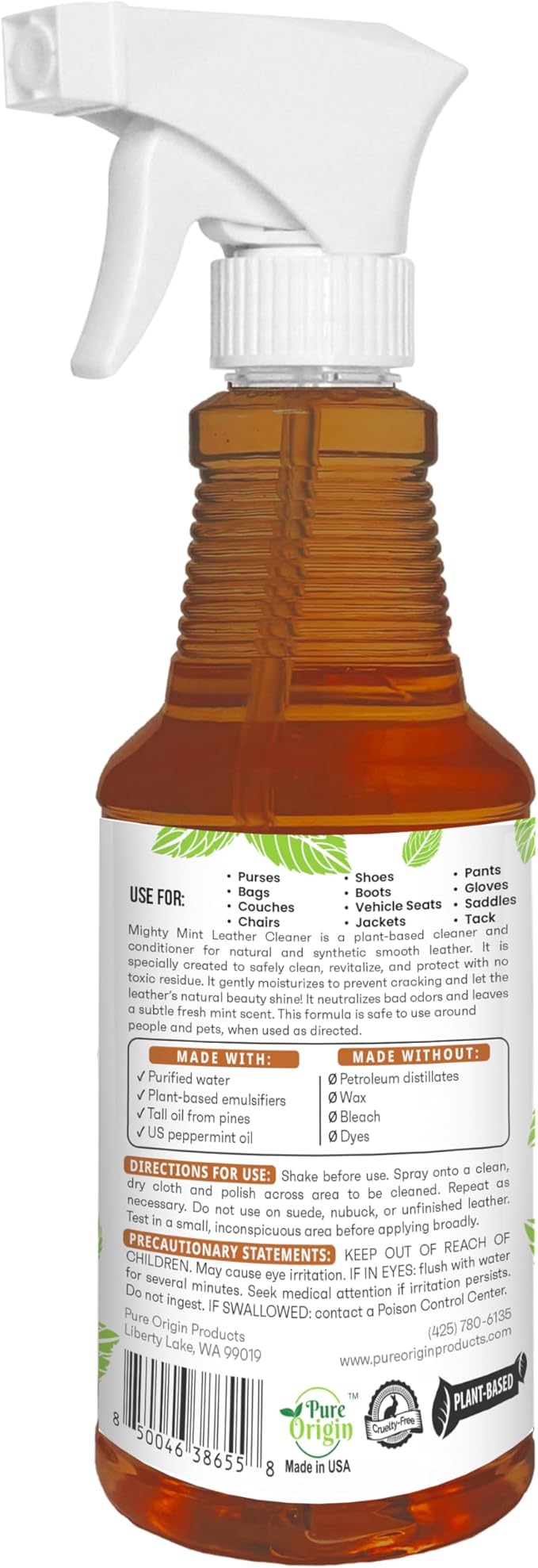 Mighty Mint Leather Cleaner and Conditioner, Plant-Based, Hydrating Spray to Clean and Protect Leather Items, Natural Peppermint Scent, 16oz