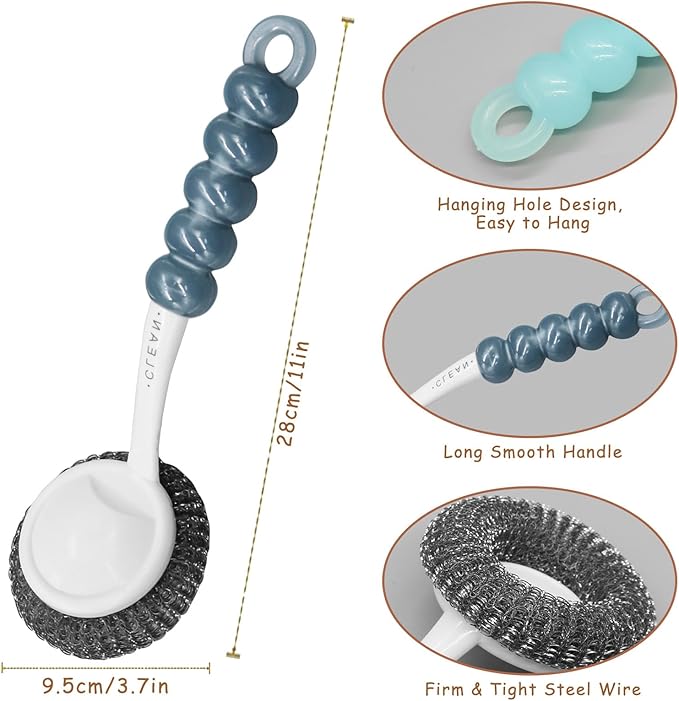 Stainless Steel Scrubber Dish Brush with Handle, Kitchen Steel Wool Pot Scrubber Metal Scrubber Dish Scrub Brush, Steel Scrubbers for Cleaning Dishes Pots, Pans, Grills, Sinks, Dishwashing Supplies