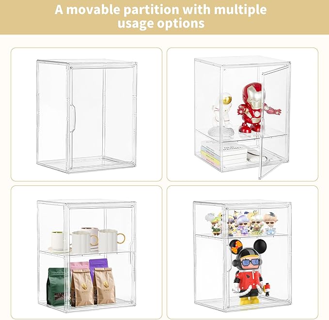 Large Clear Acrylic Display Case Shoe Storage Boxes With An Adjustable Divider,2 Pack 2 Tiers Clear Plastic Stackable Storage Bins With Lids Display Acrylic Box With Magnetic Door