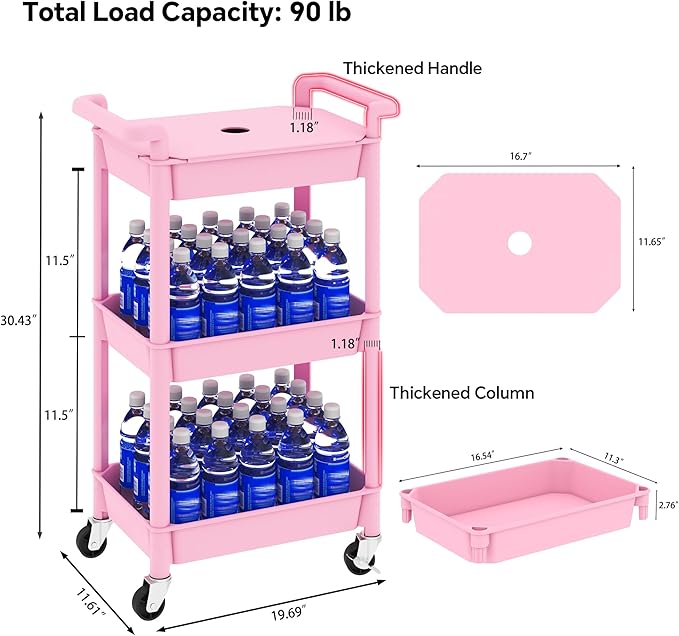 3-Tier Utility Rolling Cart with Cover Top Board, Mobile Utility Cart with Lockable Casters Multi-Functional Storage Trolley for Office, Bathroom, Kitchen, Garden, Laundry Room (Pink)