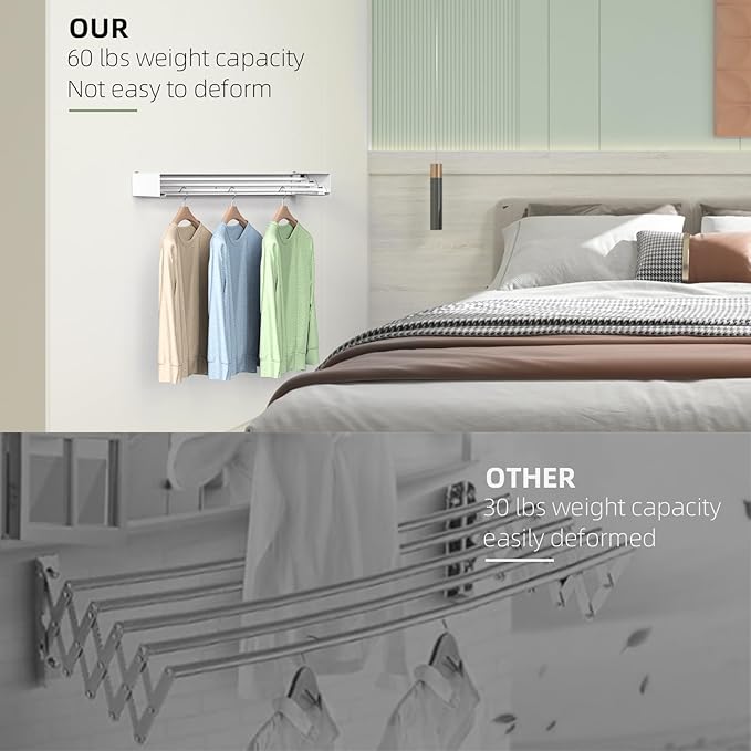 Laundry Drying Rack Collapsible, Wall Mounted Clothes Drying Rack Wall, Space Saving Drying Rack for Laundry, 19.8" Wide, 3 Aluminum Rods, 50 lb Capacity