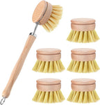 Boao Dish Brush with Beechwood Handle with 5 Replacement Heads Natural Wood Dish Scrub Brush for Washing and Cleaning Pots and Pans