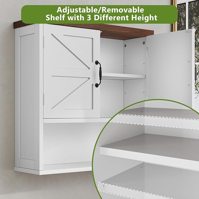 Bathroom Wall Cabinet with Barn Doors, Wall Mounted Bathroom Cabinet, Farmhouse Style, Adjustable Shelf, Wall Mounted Medicine Cabinets, 23.6 x 7.9 x 23.9 Inches