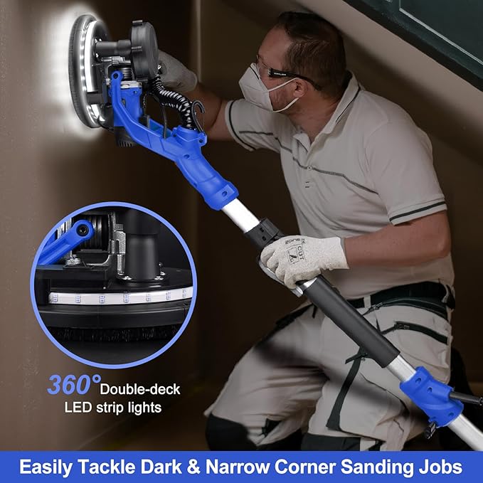 Drywall Sander, 1000W Popcorn Ceiling Removal Tool, Foldable Automatic Drywall Sander with Vacuum Dust Collection, LED Light, 6 Variable Speed 800-2200RPM,15Pcs Sanding Discs (Blue）