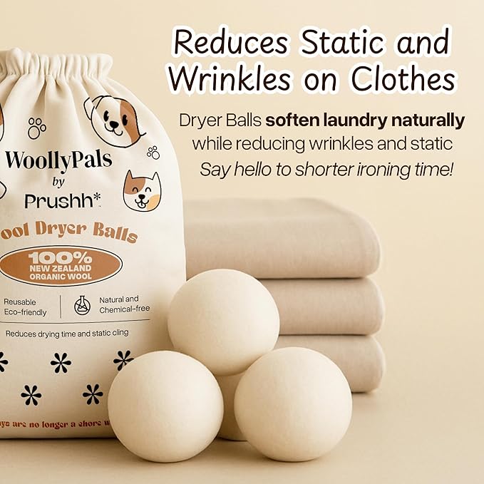 WoollyPals Dryer Balls (6-Pack, XL Size) - 100% New Zealand Wool - No More Dryer Sheets - Eco Dryer Balls - Reusable - Softens Laundry - Reduces Drying Time & Static - with Storage Bag (Plain White)