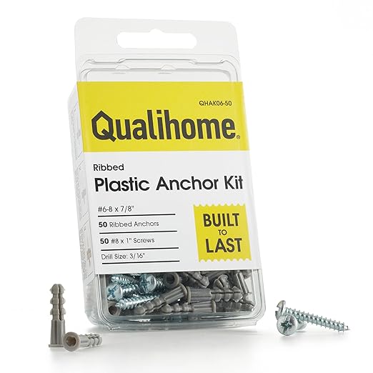 Qualihome Ribbed Plastic Drywall Anchor Kit, Wall Anchors and Screws for Drywall Includes Anchors, & Screws, 1 Masonry Drill Bit, Mounting Tolls for Decor, Shelving ([50 Pack] 6-8 x 7/8")