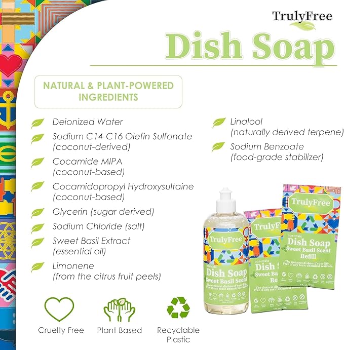 Natural Concentrated Dish Detergent Dishwashing Liquid | Plant-Based Dish Soap | Sweet Basil Fresh Scent | Pack of 3