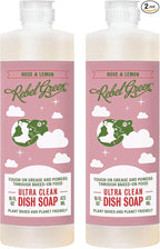 Rebel Green Super Deluxe Dish Soap - Natural Dishwashing Soap - Liquid Dish Detergent - Sustainable Dish Liquid Scented with Rose & Lemon - (16 oz Bottles, 2 Pack)