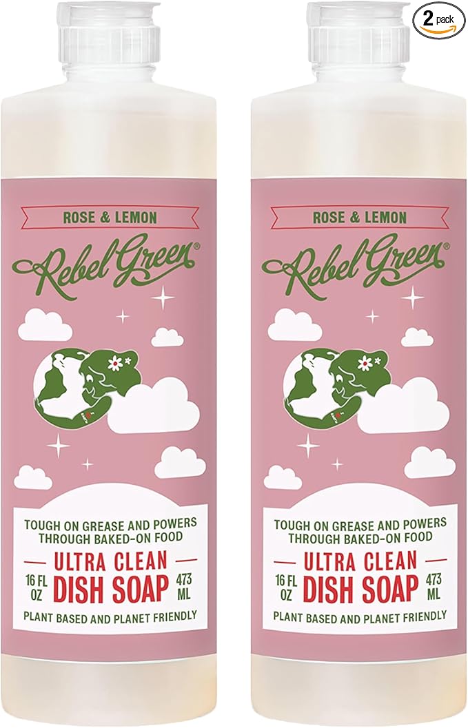 Rebel Green Super Deluxe Dish Soap - Natural Dishwashing Soap - Liquid Dish Detergent - Sustainable Dish Liquid Scented with Rose & Lemon - (16 oz Bottles, 2 Pack)