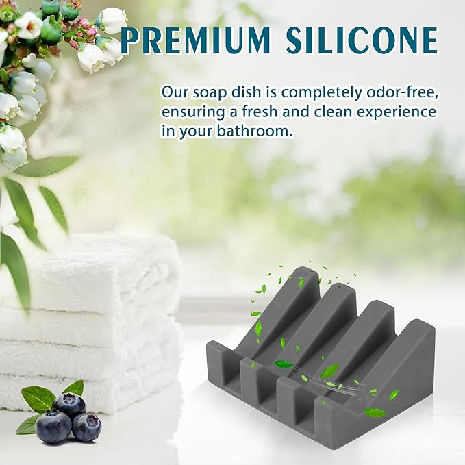 Silicone Soap Dish with Drain, Upgrade Double Suction Cups at The Bottom for Anti-Slip and Stability, Soap Dish Shower Waterfall Bar Soap Holder Tray with Drain Soap Holder (3, Grey)