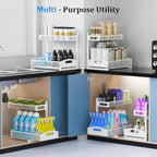 Metal Under Sink Organizer, Pull Out Cabinet Organizer Rack with Silk-Smooth Bottom Drawer, 5-Level Adjustable, Multi-Purpose Storage Shelf for Bathroom, Kitchen, Vanity, Pantry (2-Pack)