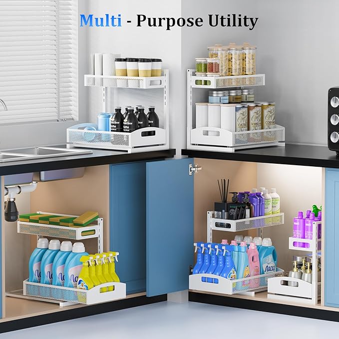 Metal Under Sink Organizer, Pull Out Cabinet Organizer Rack with Silk-Smooth Bottom Drawer, 5-Level Adjustable, Multi-Purpose Storage Shelf for Bathroom, Kitchen, Vanity, Pantry (2-Pack)