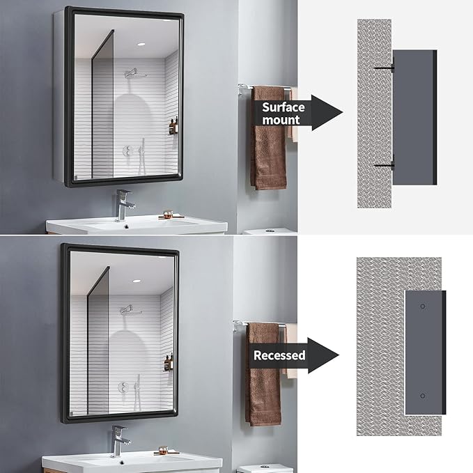 Aluminum Bathroom Medicine Cabinet with Farmhouse Black Framed 16x26 Inches Recess or Surface Mount Mirror Cabinet for Bathroom Toilet Kitchen
