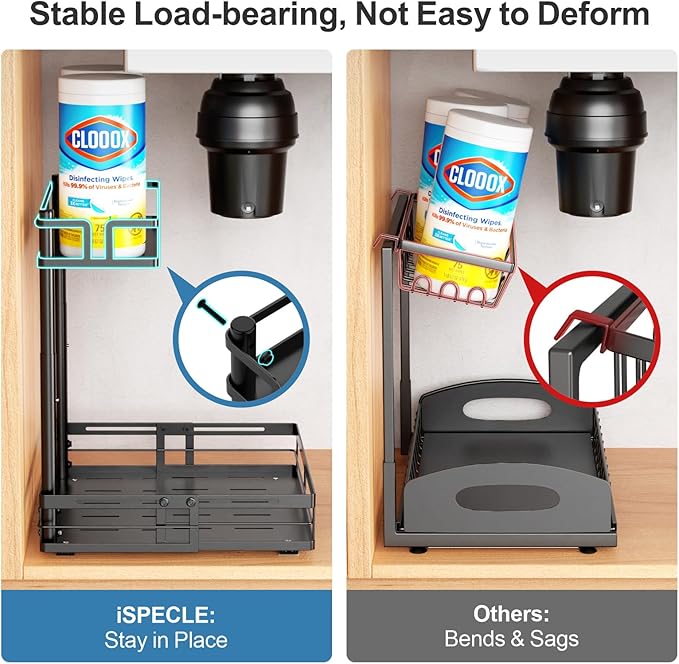 iSPECLE Kitchen Under Sink Organizer - 2 Tier Pull Out Organizer Expandable Width Add More Space, Adjustable Height Easy Get Items Without Bending, No Drilling Required Under Sink Storage