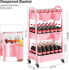 3 Tier Rolling Storage Cart Metal with Wheels, Pink Three Tiered Craft Cart Organizer on Wheels, Utility Carts for Baby Nursery, Diaper Caddy, Art, Book, Snack, Nail, Makeup, Bathroom Supplies, Mesh