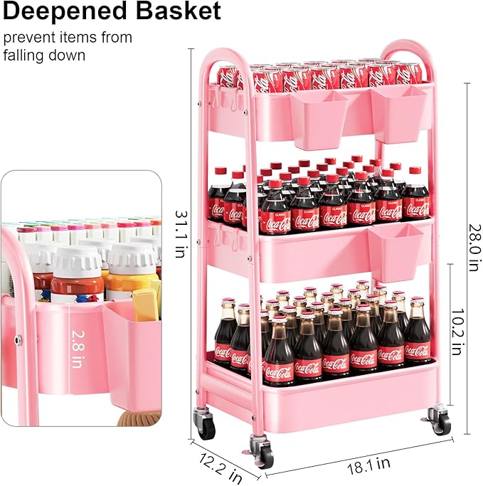 3 Tier Rolling Storage Cart Metal with Wheels, Pink Three Tiered Craft Cart Organizer on Wheels, Utility Carts for Baby Nursery, Diaper Caddy, Art, Book, Snack, Nail, Makeup, Bathroom Supplies, Mesh