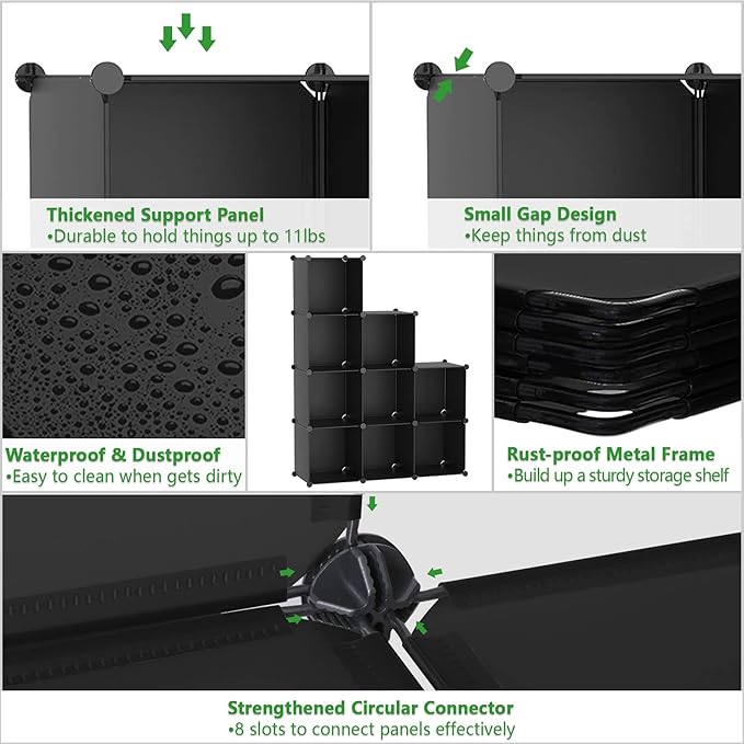 C&AHOME Cube Storage, 9-Cube Bookshelf, Plastic Closet Cabinet Organizer, DIY Stackable Bookcase, Modular Shelving Units Ideal for Home, Office, Kids Room, 36.6" L x 12.4" W x 48.4" H Black SHS3009A