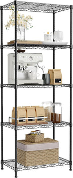 IZEUK 5-Tier Black Metal Storage Shelves, Adjustable Wire Shelving Unit for Kitchen, Bathroom, Pantry, Office, Garage, Organizer Wire Rack, 1250 lbs, 13.7" D x 23.6" W x 53.4" H