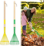 2Pcs Kids Rake Garden Tool Set Toy,Child Size Lawn Small Rakes and Garden for Leaves,Wooden Gardening Toy Rakes with Detachable Handles Outdoor Toys Gift for Boys and Girls (Green+Yellow)