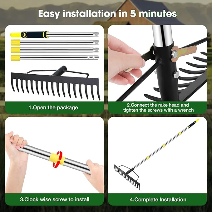 Heavy Duty Garden Rake for Leaves - 17 Tine Metal Head & Adjustable Stainless Steel Handle, 17" Wide 5.58FT Yard Rake for Shrub Leveling/Grass Care
