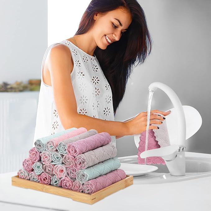 Rachan 22 Pack Kitchen Dish Cloths, Reusable Dish Towels, Nonstick Oil Washable Fast Drying, Super Absorbent Coral Velvet Cleaning Cloths for Cleaning Tableware, Kitchen, Bathroom (Pink-grey-10 x 6")
