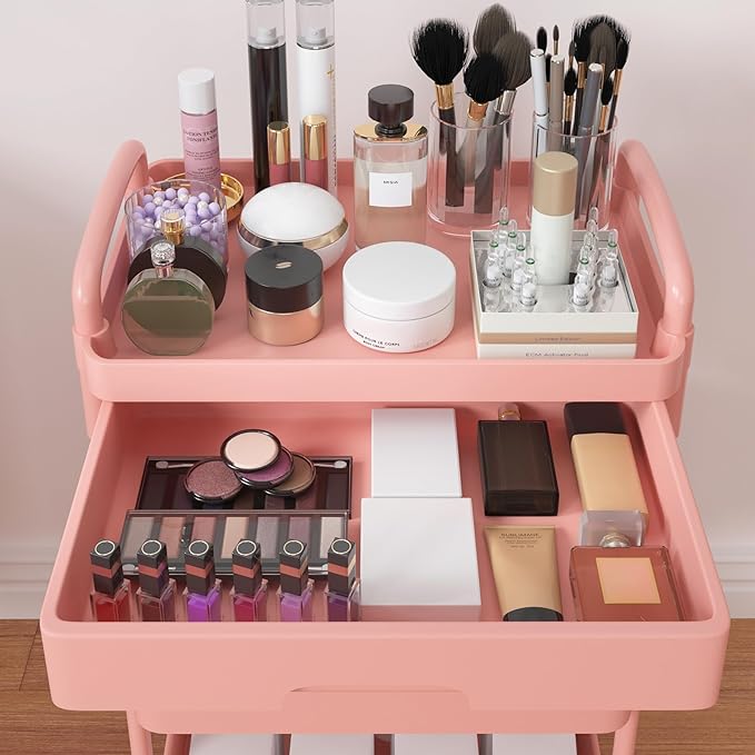 Calmootey 3-Tier Rolling Utility Cart with Drawer,Multifunctional Storage Organizer with Plastic Shelf & Metal Wheel,Storage Cart for Kitchen,Bathroom,Living Room,Office,Pink