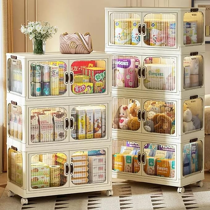 Multi-Purpose Stackable Plastic Storage Bins with Wheels & Lids - Space-Saving Foldable & Collapsible Organizers for Home, Pantry, Office, Dorm, Craft Room & Closet (4 Layers)