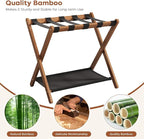 Fully Assembled Walnut Luggage Racks Set of 2, Bamboo 26.77" Luggage Rack Stand for Guest Room, 5 Nylon Straps, Foldable Suitcase Stand with Storage Shelf for Bedroom Hotel, Holds up to 165 Lbs