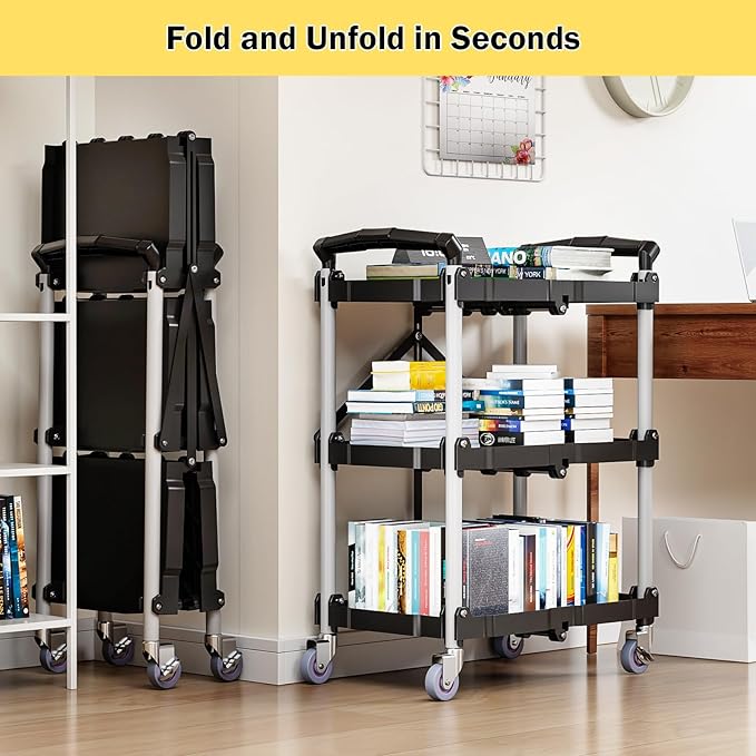 Foldable Rolling Cart, 3 Tier Folding Utility Service Carts with Wheels Lockable Handles for Women No Assembly Storage School Restaurant Warehouse Garage 180LBS Capacity