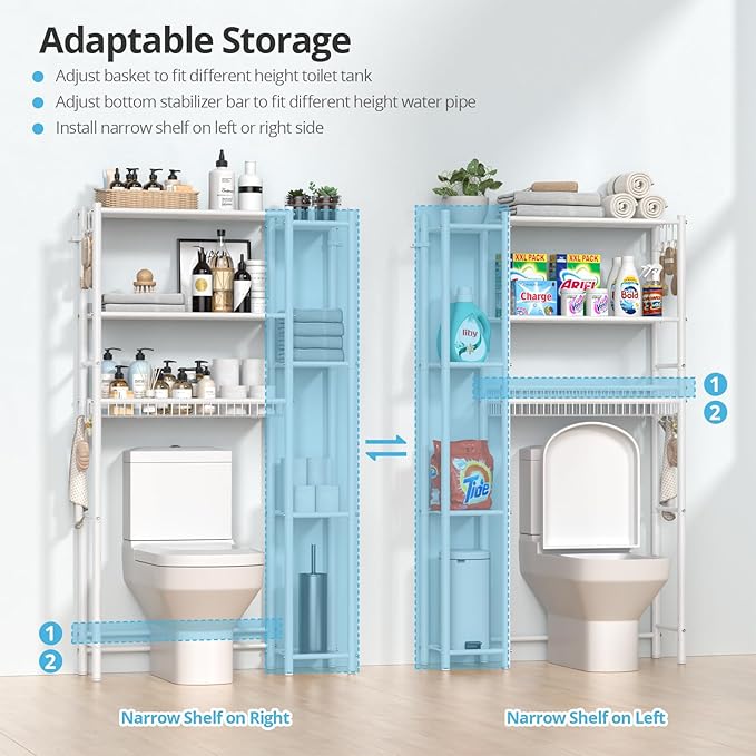 Over The Toilet Storage Organizer - 7 Tiers Space Saving Bathroom Shelves, Adjustable Above Toilet Shelf Rack, Metal Organizer Shelf Over Toilet for Bathroom Storage and Organization, White