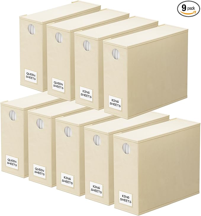 SpaceAid 9 Pack Bed Sheet Organizers and Storage, Foldable Sheet Organizer with Window for Linen Closet, Set Folder Keeper for Queen & King Size Bedding Storage (Beige)
