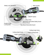 WORKPRO 5.8Amp 3500RPM Circular Saw with Parallel Guide, Maximum Cutting Depth 1-11/16?(90°),1-1/8?(45°), Compact Circular Saw with Three 4-1/2" Blades for Wood, PVC, Tile, Cement Block