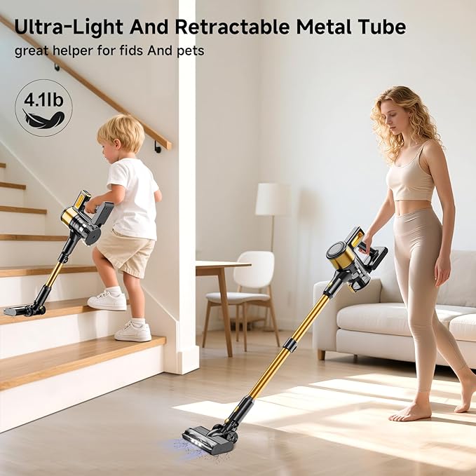 Cordless Vacuum Cleaner,55Mins/Powerful Vacuum Cleaners for Home,Stick Vacuums with 8 in 1,Touch Screen,LED Headlights, Anti-Tangle,Rechargeable,Lightweight for Carpet,Hard Floor, Pet Hair,Gold