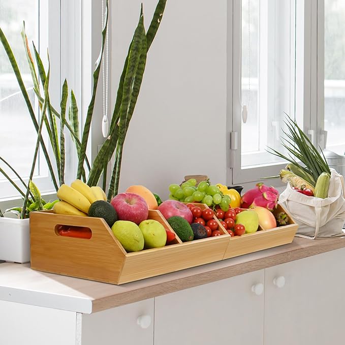Ollieroo Bamboo Stackable Storage Bin, Pantry Organizer and Storage Baskets, Potato and Onion Kitchen Organizer, Kitchen Storage Containers for Produce, Fruit, Bread, Vegetable, Garlic, Pack of Two