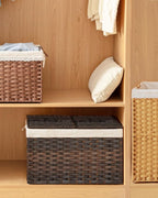 Storage Basket with Lid Rattan Storage Basket with 2 Separate Lid, 27.8 Gallon (105 L) 25.2 * 15.4 * 16.1 Inches Woven Wicker Baskets with 2 Liners and Handles for Bedroom Laundry-Brown