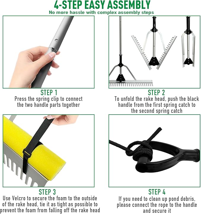 Floating Lake Rake, 36" Head Aluminum Landscape Rake with 103" Adjustable Handle, 20FT Rope & Float, Weed & Algae Removal of Leaves, Floating Scum