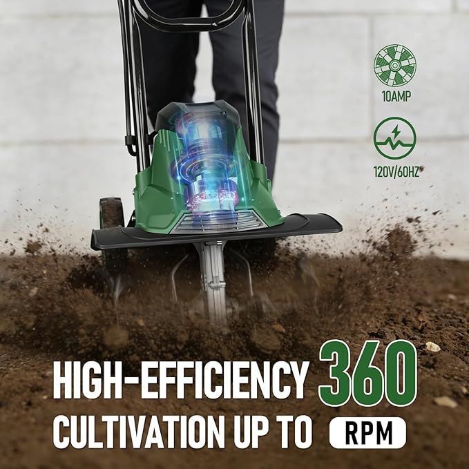 14" Electric Garden Tiller, 8.7" Tilling Depth Cord Cultivator with Foldable Handle & Adjustable Wheels for Soil Cultivation