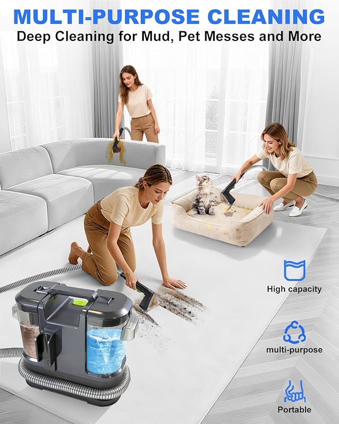 Portable Carpet Cleaner Machine,Carpet & Upholstery Cleaner Machine,15KPA Portable Small carpet Cleaner with Powerful Suction,Handheld Carpet Cleaner with 3 Brushead,portable Carpet cleaner for Pets