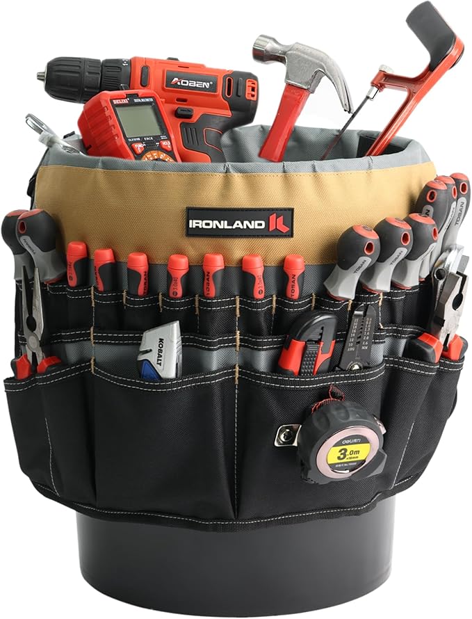 IRONLAND Bucket Tool Organizer Fit 3.5-5 Gallon Bucket, 51 Pockets, Bucket Tool Caddy Organization for Garden, Construction, Carpenter, Electrician, Builder KAH & Black