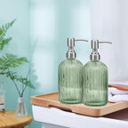 14Oz Green Soap Dispenser Bathroom - 2 Pack, Clear Glass Hand Soap Dispensers with Stainless Steel Pump, Refillable Dish Soap Dispenser with Funnel for Kitchen, Countertop Soap Dispensers