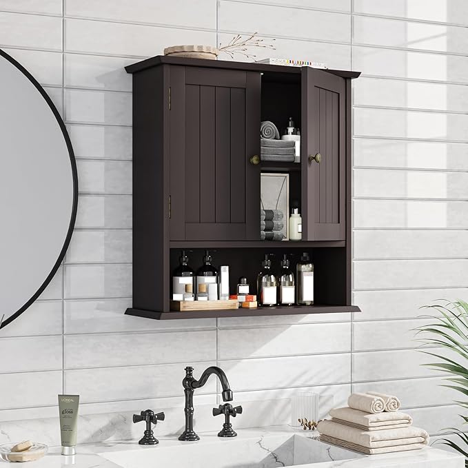 Bathroom Wall Cabinet, Over The Toilet Storage Cabinet with 2 Doors and Adjustable Shelf, Wooden Medicine Cabinet Wall Mounted, Room Space Saver for Bathroom Kitchen