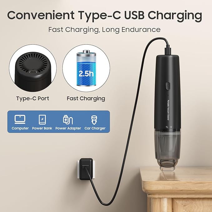 Handheld Vacuum Cordless, Car Vacuum Cleaner Portable with HEPA Filter, 2 Suction Modes, Mini Hand Held Vacuum Rechargeable for Car, Home, Pet Hair, Office, Desk, Keyboards (Black)